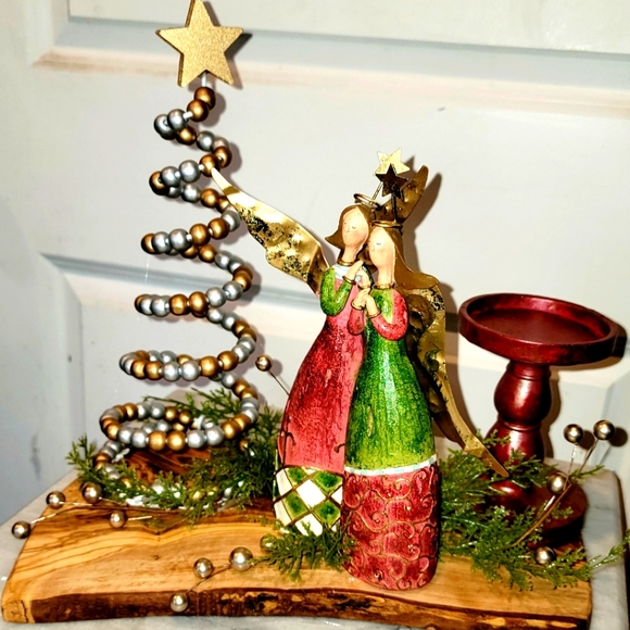 Christmas Centerpiece Candle Holder Angels Tree Wood Live Edge - Picture 4 of 9